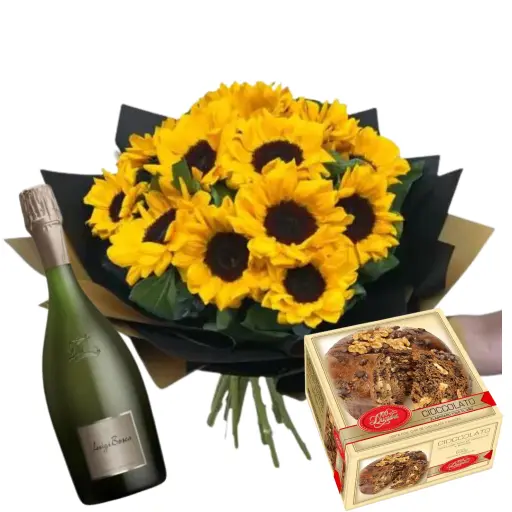 Ramo de flores girasoles con papel coreano con espumante y pan d